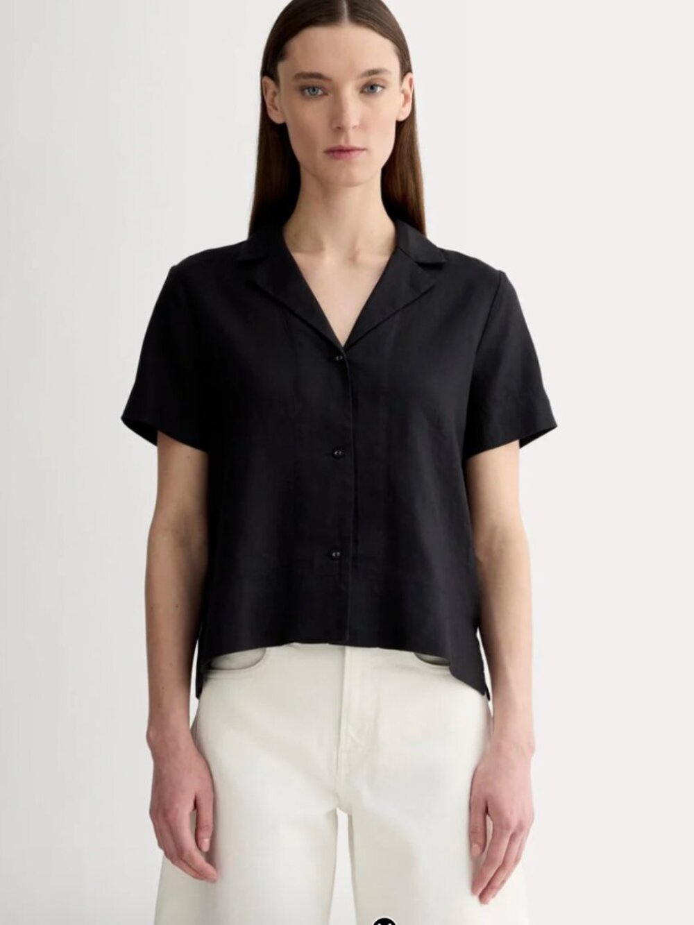 Everlane The Linen Short-Sleeve Notch Shirt in Black XS